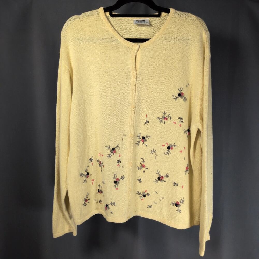 VTG Northern Reflections Yellow Cardigan Button Sweater Floral Embroidery 2XL